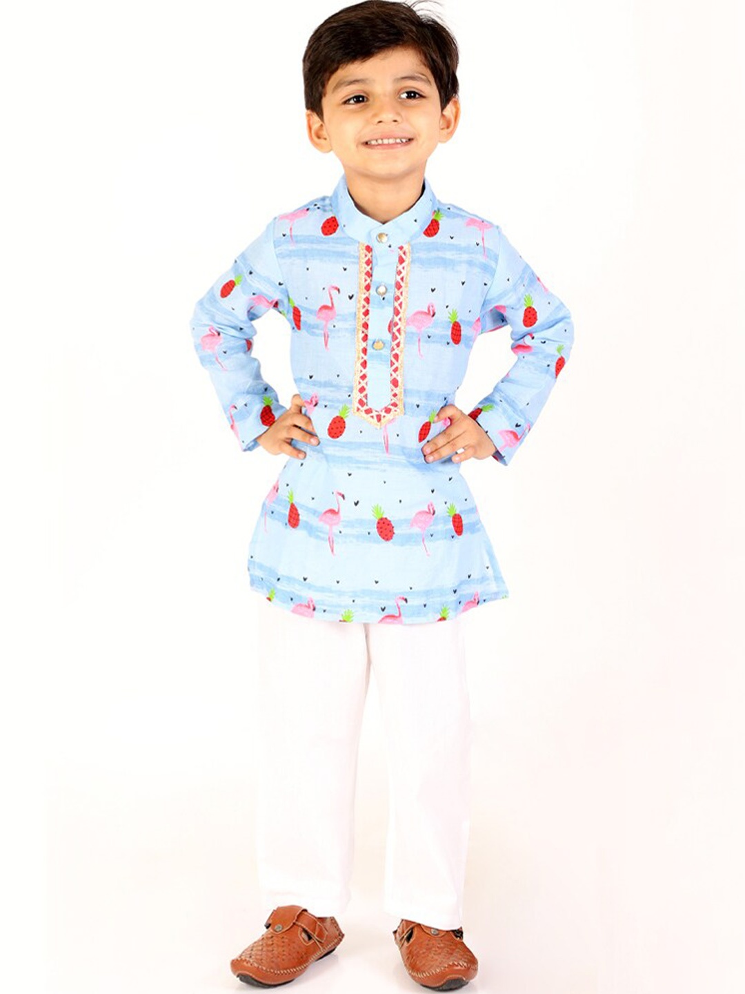 

M'andy Boys Ethnic Motifs Printed Pure Cotton Kurta with Pyjamas, Blue