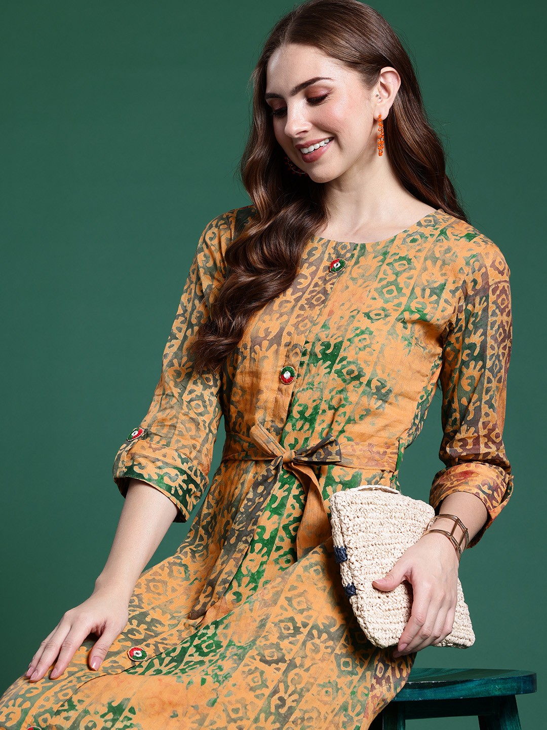 

Sangria Ethnic Motifs Print A-Line Midi Dress With Belt, Mustard