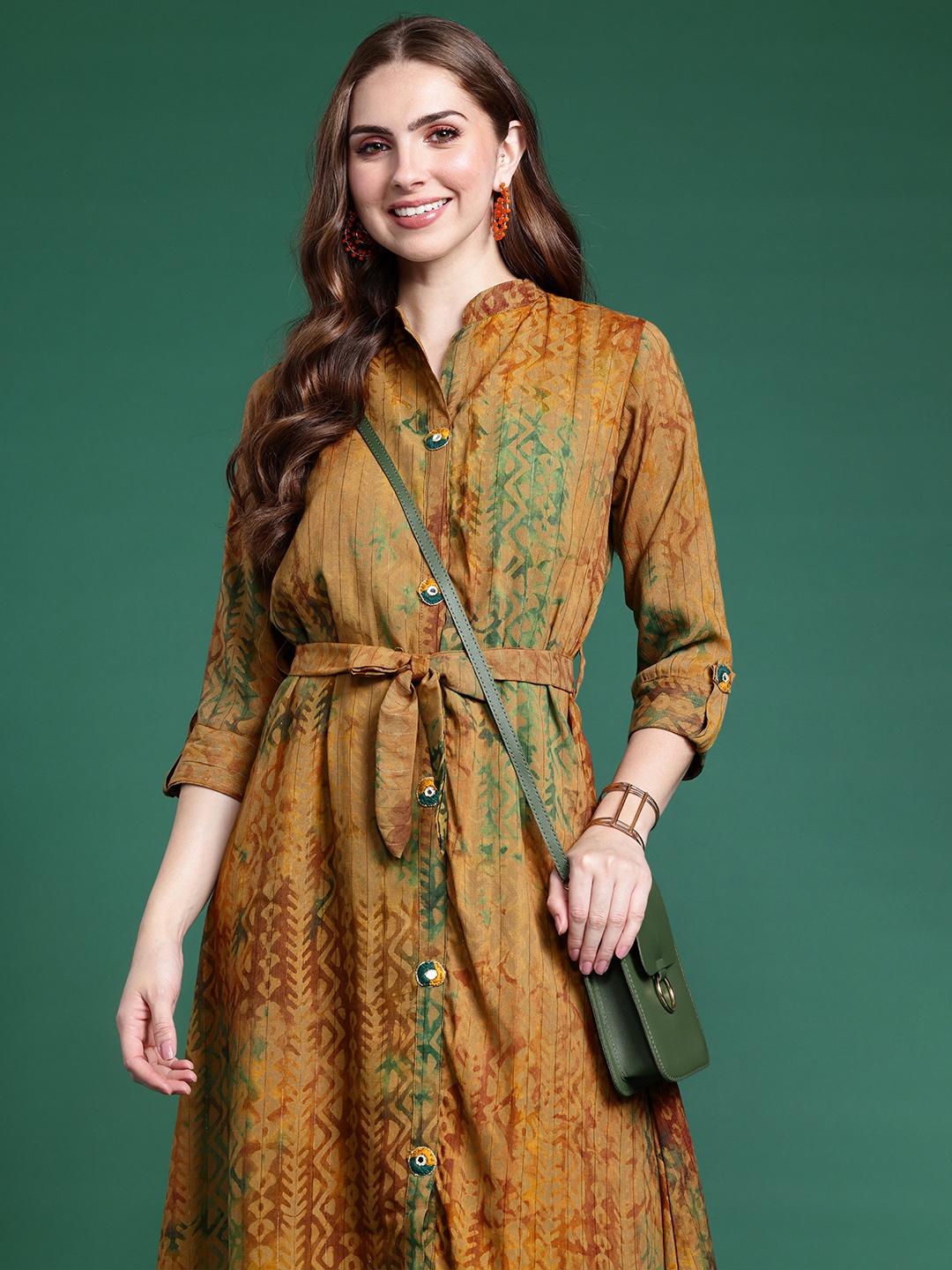 

Sangria Ethnic Motifs Print A-Line Midi Dress With Belt, Brown