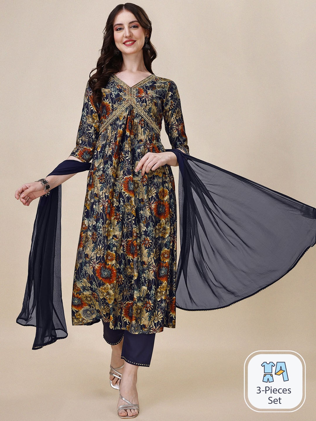 KALINI Floral Embroidered Chanderi Cotton A-Line Kurta With Trousers & Dupatta, Blue