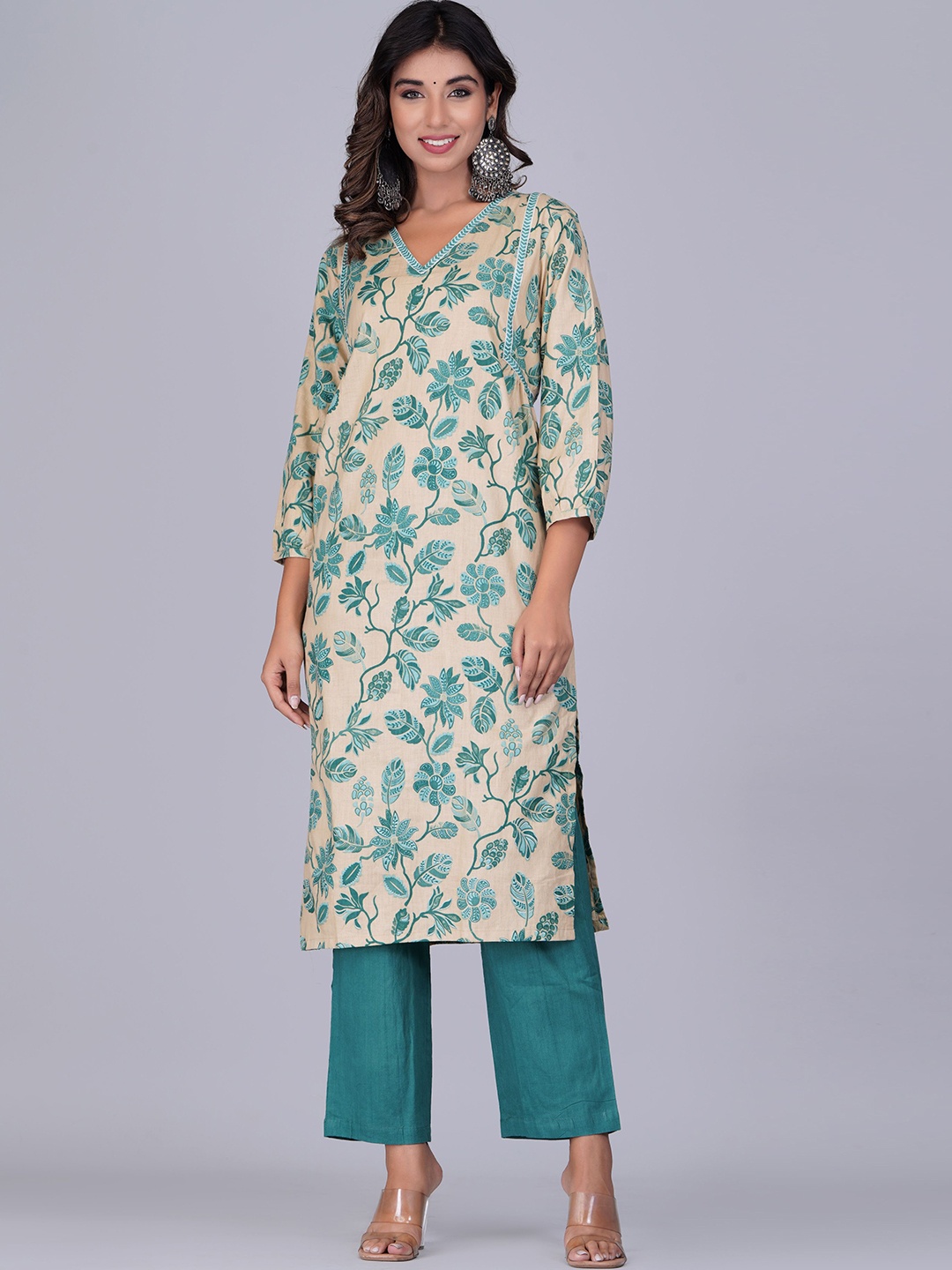 

Shikhaa Style Floral Printed Straight Kurta With Trousers, Teal