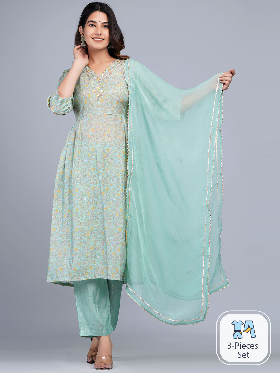 

Shikhaa Style Ethnic Motifs Printed Gotta Patti Pure Cotton Kurta with Trousers, Sea green