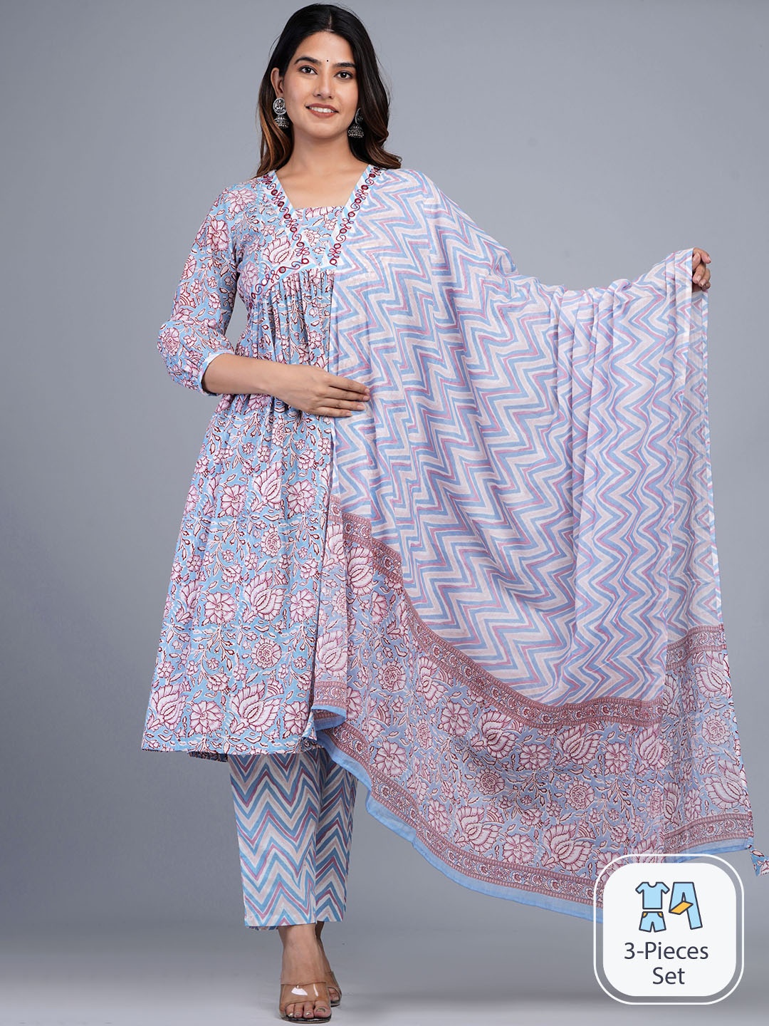 Shikhaa Style Floral Printed Thread Work A-Line Kurta & Trousers With Dupatta, Blue
