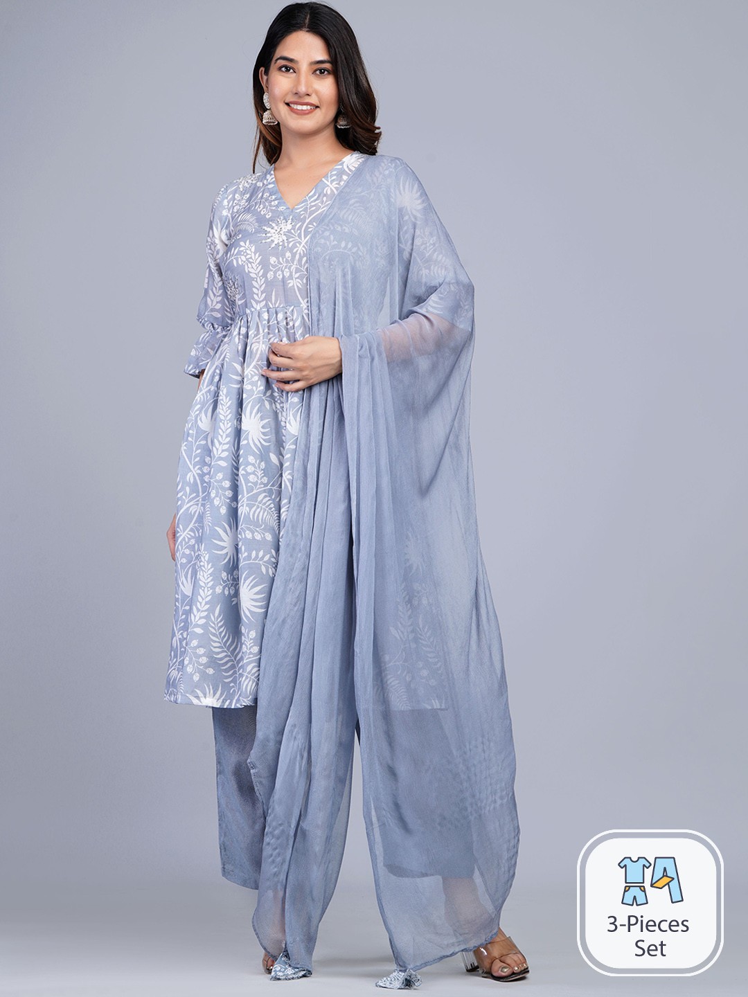 

Shikhaa Style Floral Printed Sequinned A-Line Kurta With Trousers & Dupatta, Blue