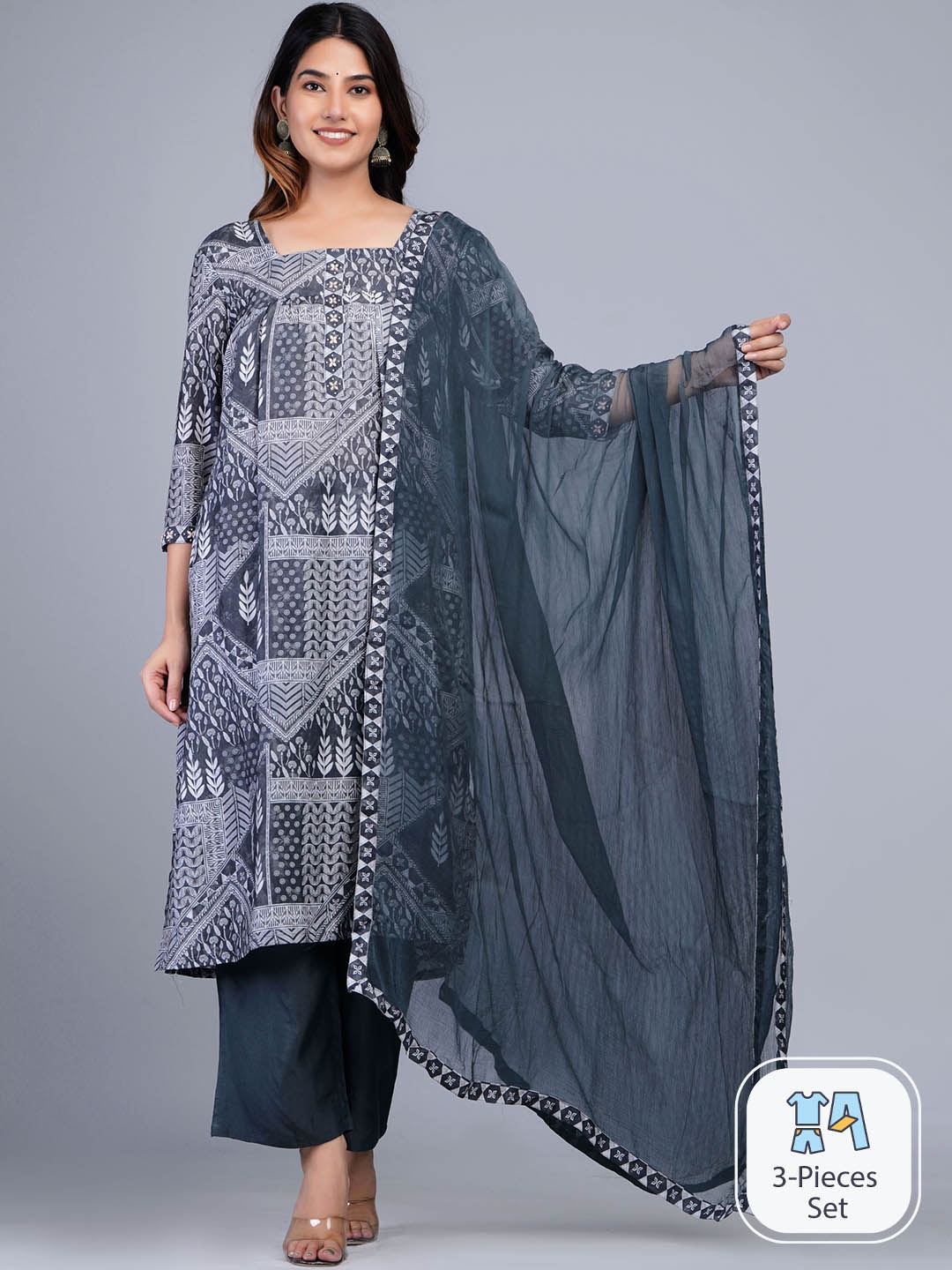 

Shikhaa Style Floral Printed A-Line Kurta With Trousers & Dupatta, Navy blue
