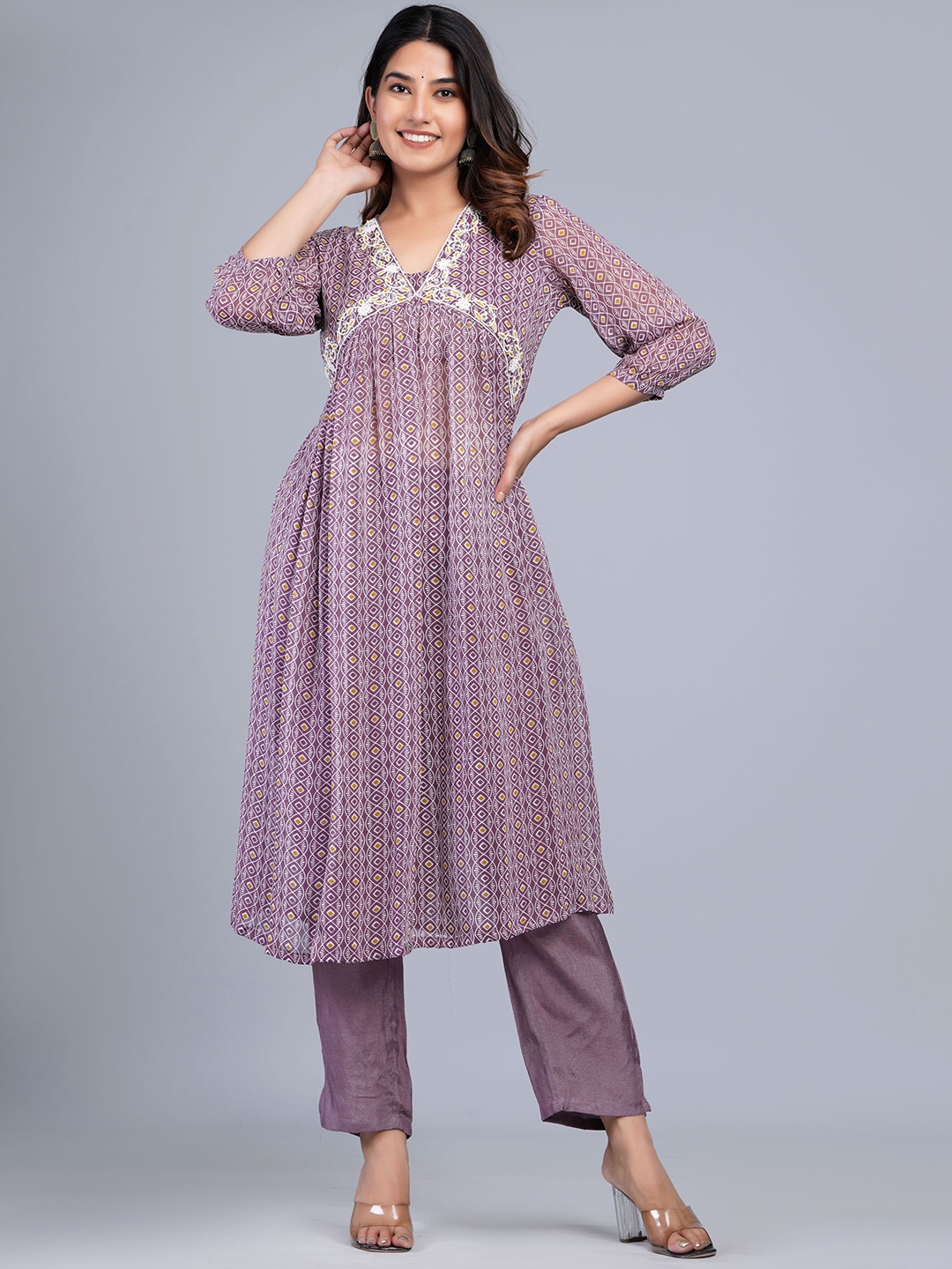 

Shikhaa Style Embroidered V-Neck Georgette A-Line Kurta with Trousers, Purple