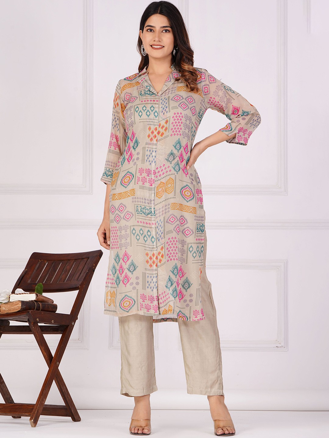 

Shikhaa Style Ethnic Motifs Printed Shirt Collar Straight Kurta with Trousers, Cream