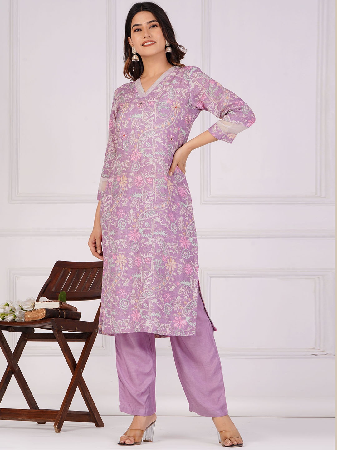 

Shikhaa Style Floral Printed Sequinned Kurta with Trousers, Lavender