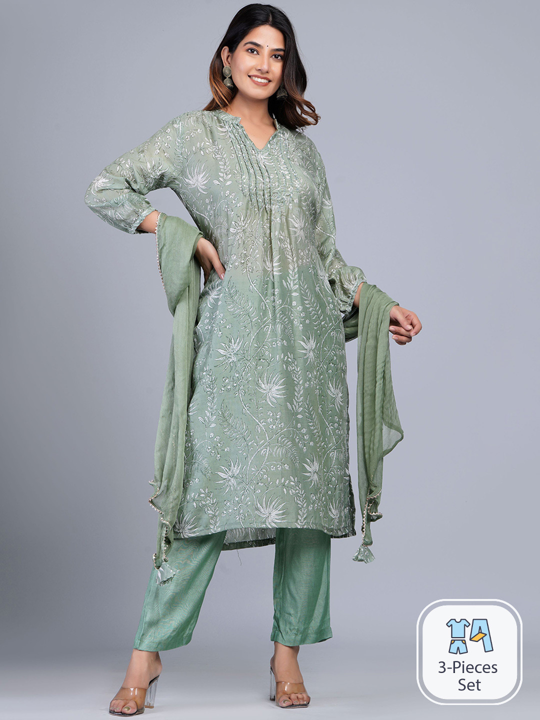 

Shikhaa Style Floral Printed Puffed Sleeves Straight Kurta & Trousers With Dupatta, Green