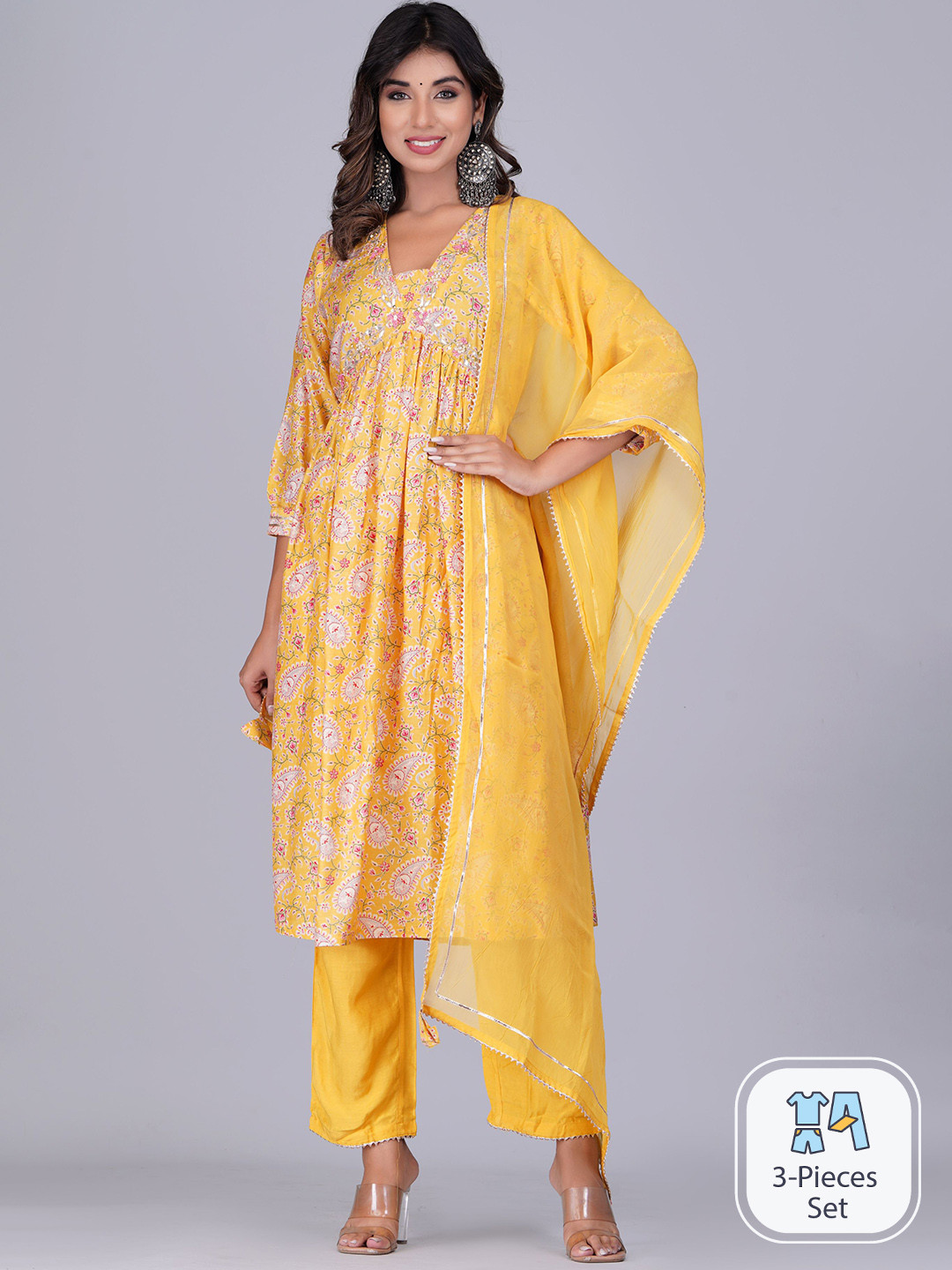 

Shikhaa Style Paisley Printed Empire A-Line Kurta & Trousers With Dupatta, Yellow
