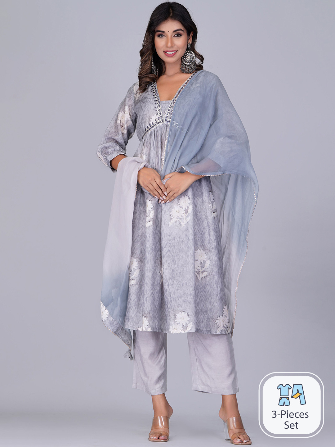 

Shikhaa Style Floral Printed Mirror Work Pure Cotton Kurta & Trousers With Dupatta, Grey
