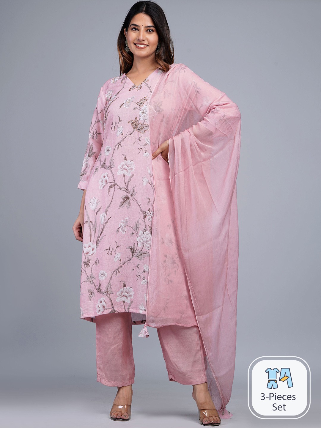 Shikhaa Style Floral Printed Sequinned Kurta With Trousers & Dupatta, Pink