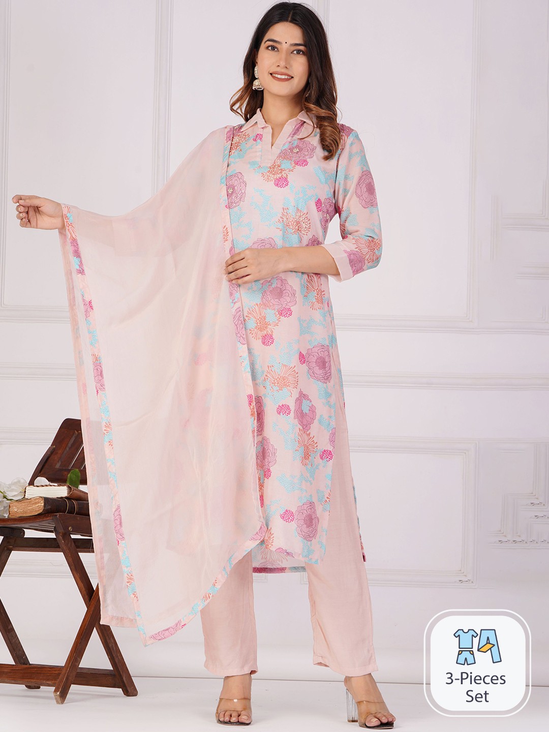 

Shikhaa Style Floral Printed Zardozi Kurta With Trousers & Dupatta, Pink