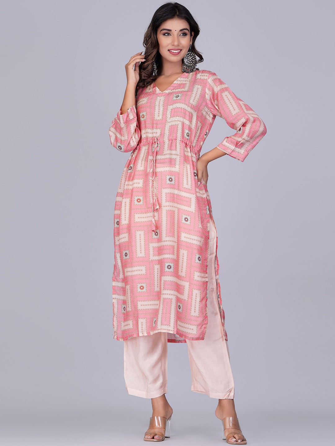 

Shikhaa Style Geometric Printed V-Neck Sequinned Detail Straight Top with Trousers, Pink
