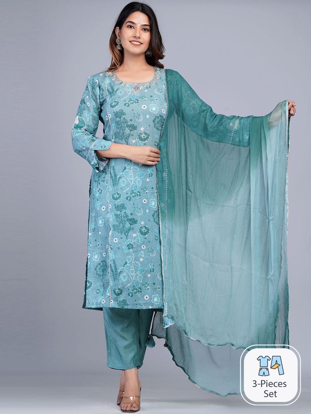 

Shikhaa Style Floral Printed Gotta Patti Kurta & Trousers With Dupatta, Blue