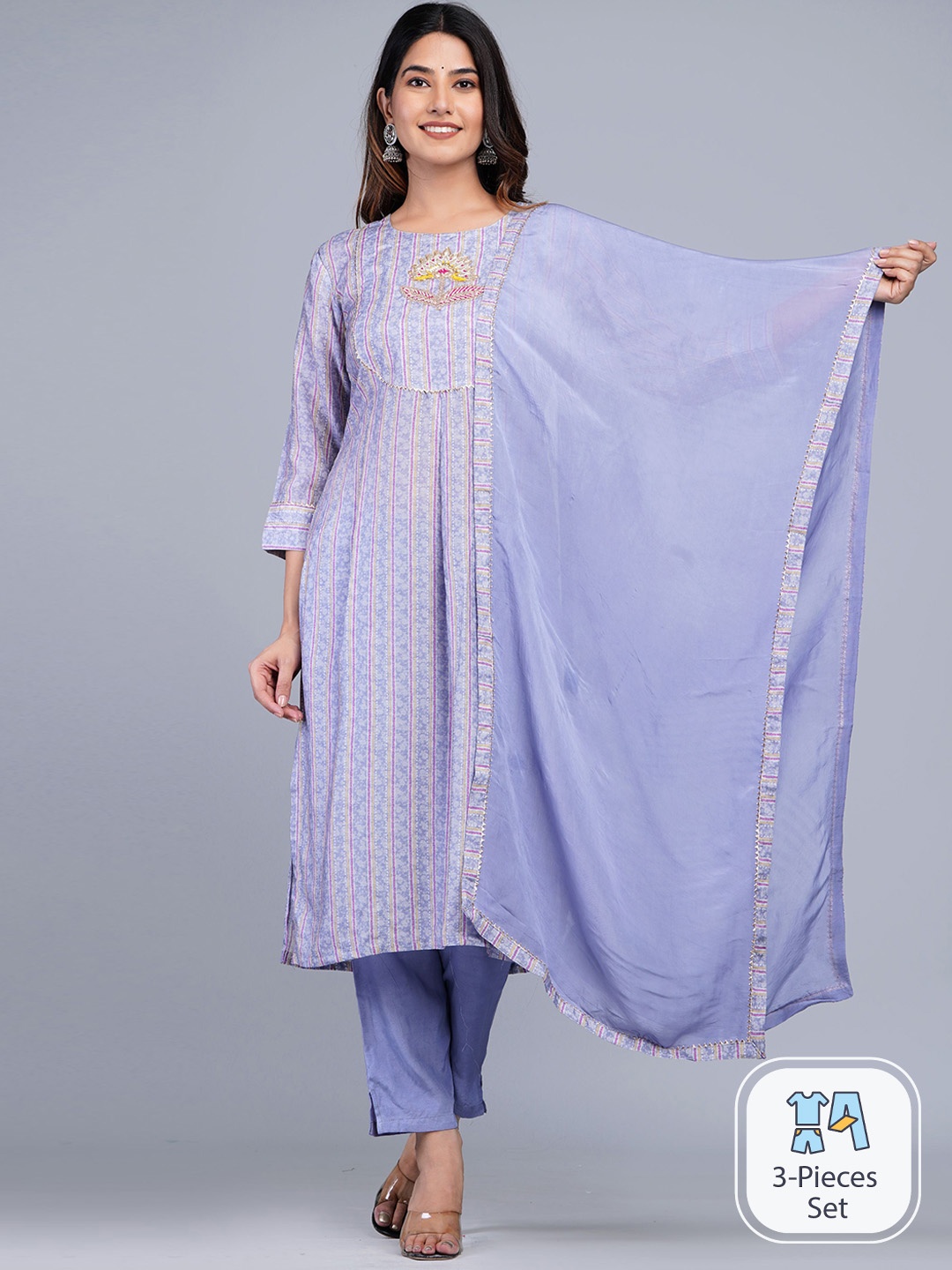 

Shikhaa Style Striped Gotta Patti Pure Cotton Kurta & Trousers With Dupatta, Purple