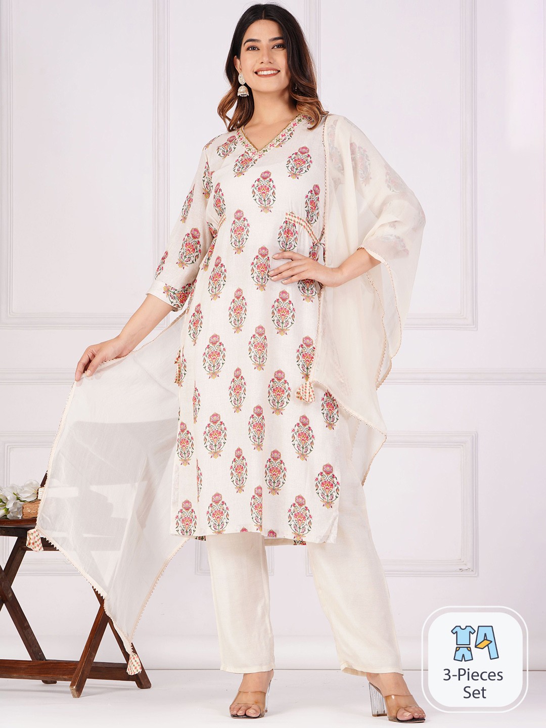 

Shikhaa Style Ethnic Motifs Printed Sequinned Detail Linen Kurta & Trousers With Dupatta, White