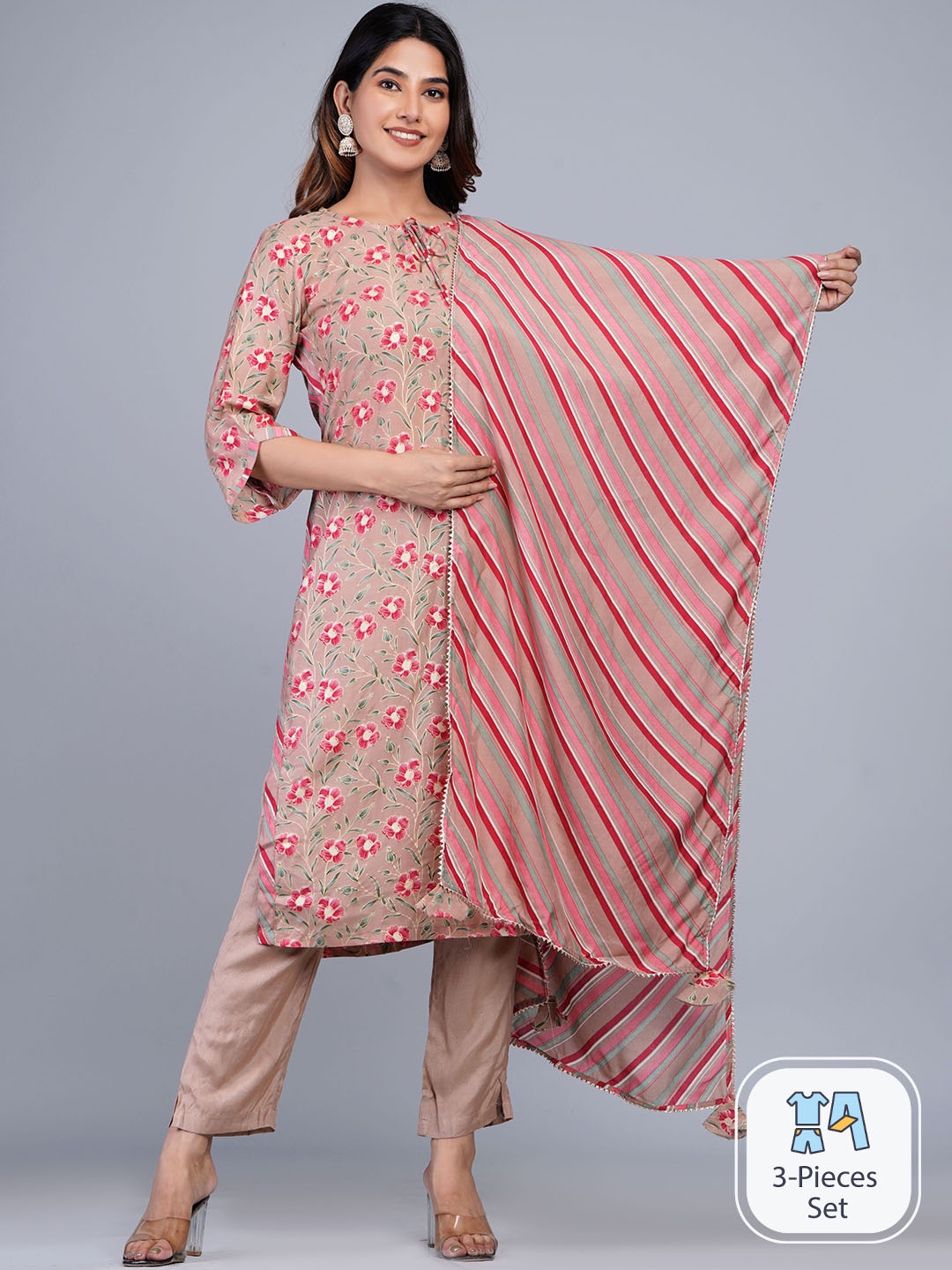 Shikhaa Style Floral Printed Pure Cotton Kurta & Trousers With Dupatta, Peach