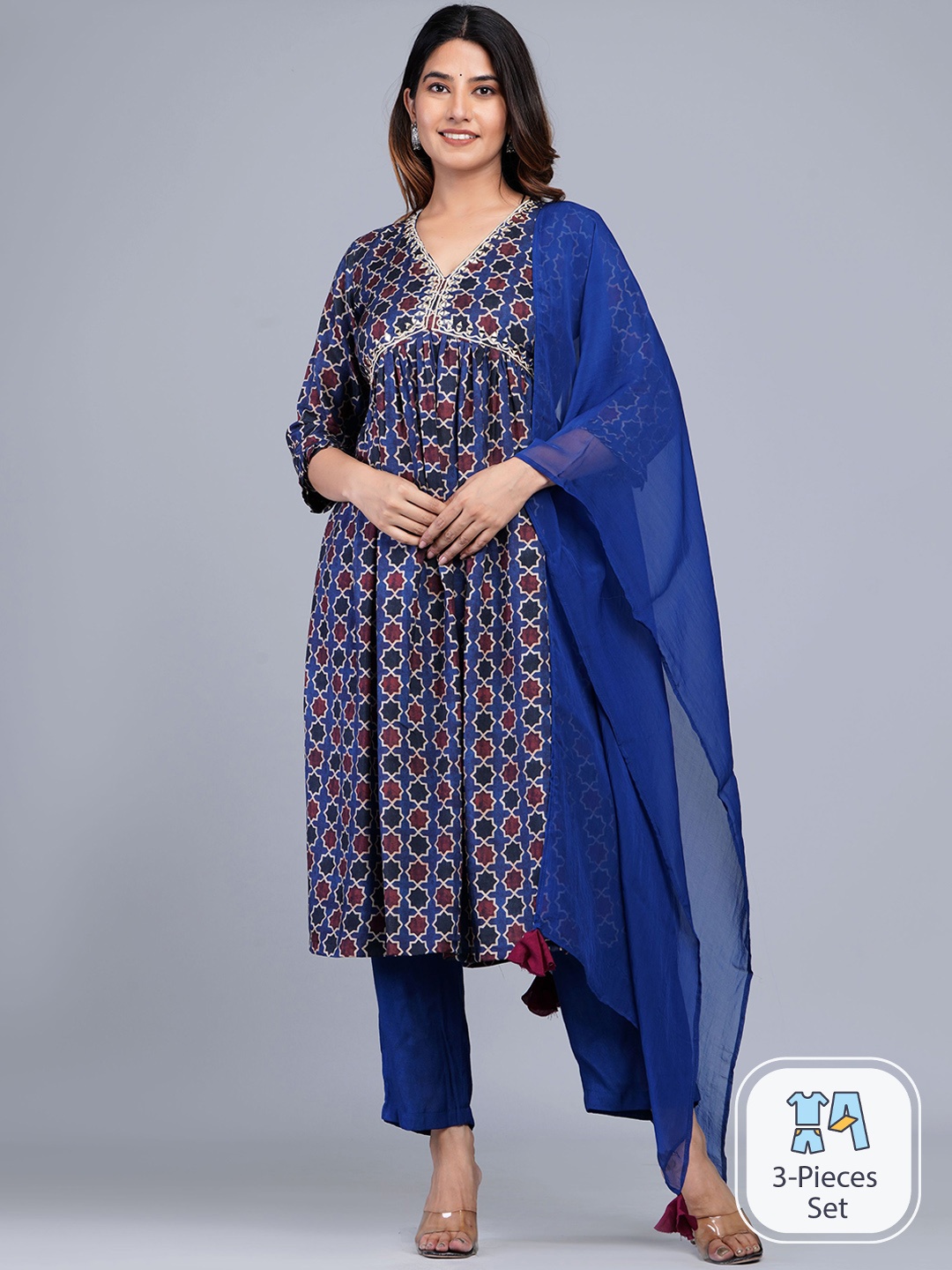 

Shikhaa Style Ethnic Motifs Printed Mirror Work Pure Cotton Kurta & Trousers With Dupatta, Blue