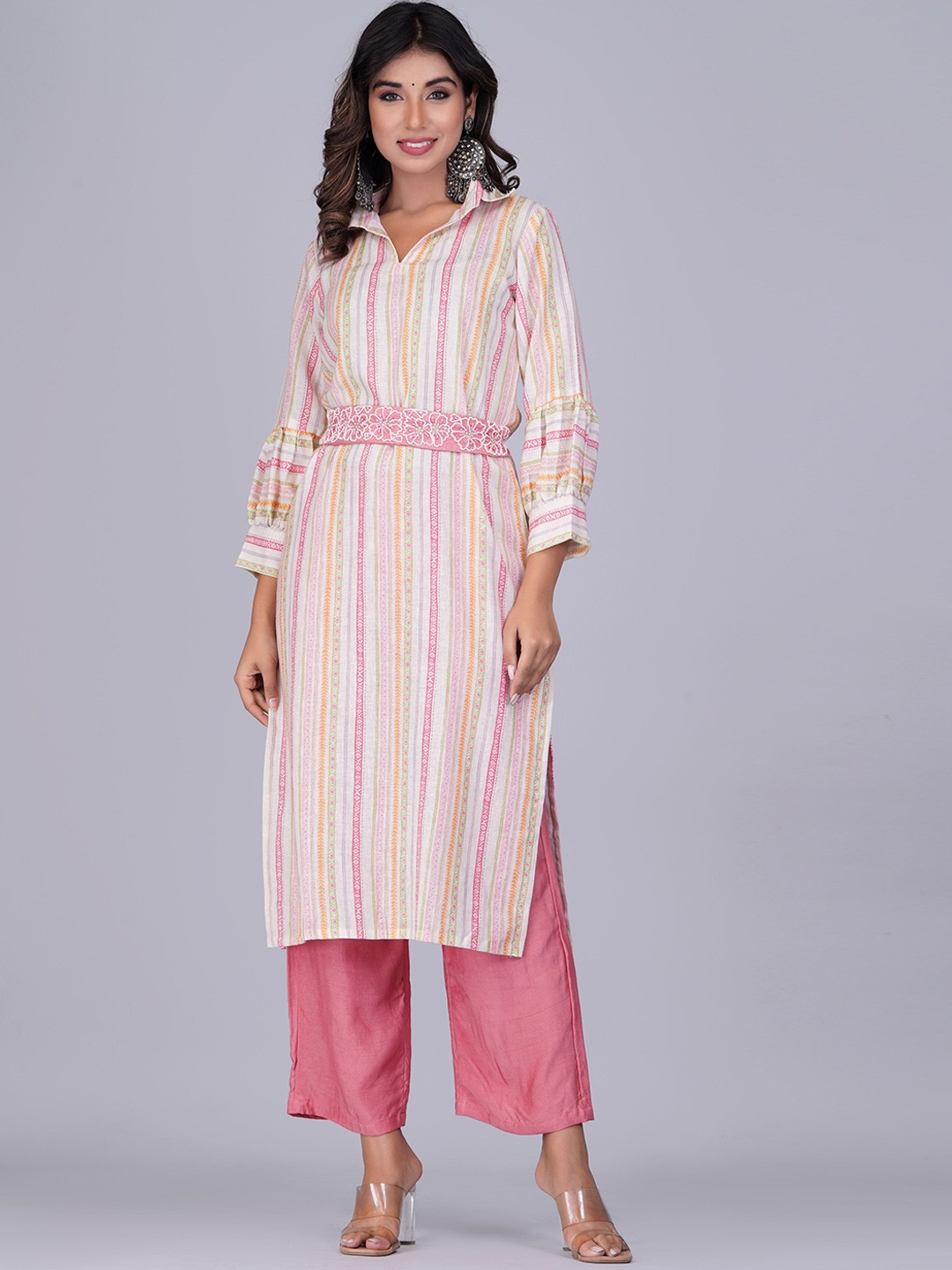 

Shikhaa Style Striped Puffed Sleeves Straight Kurta With Trousers, Pink