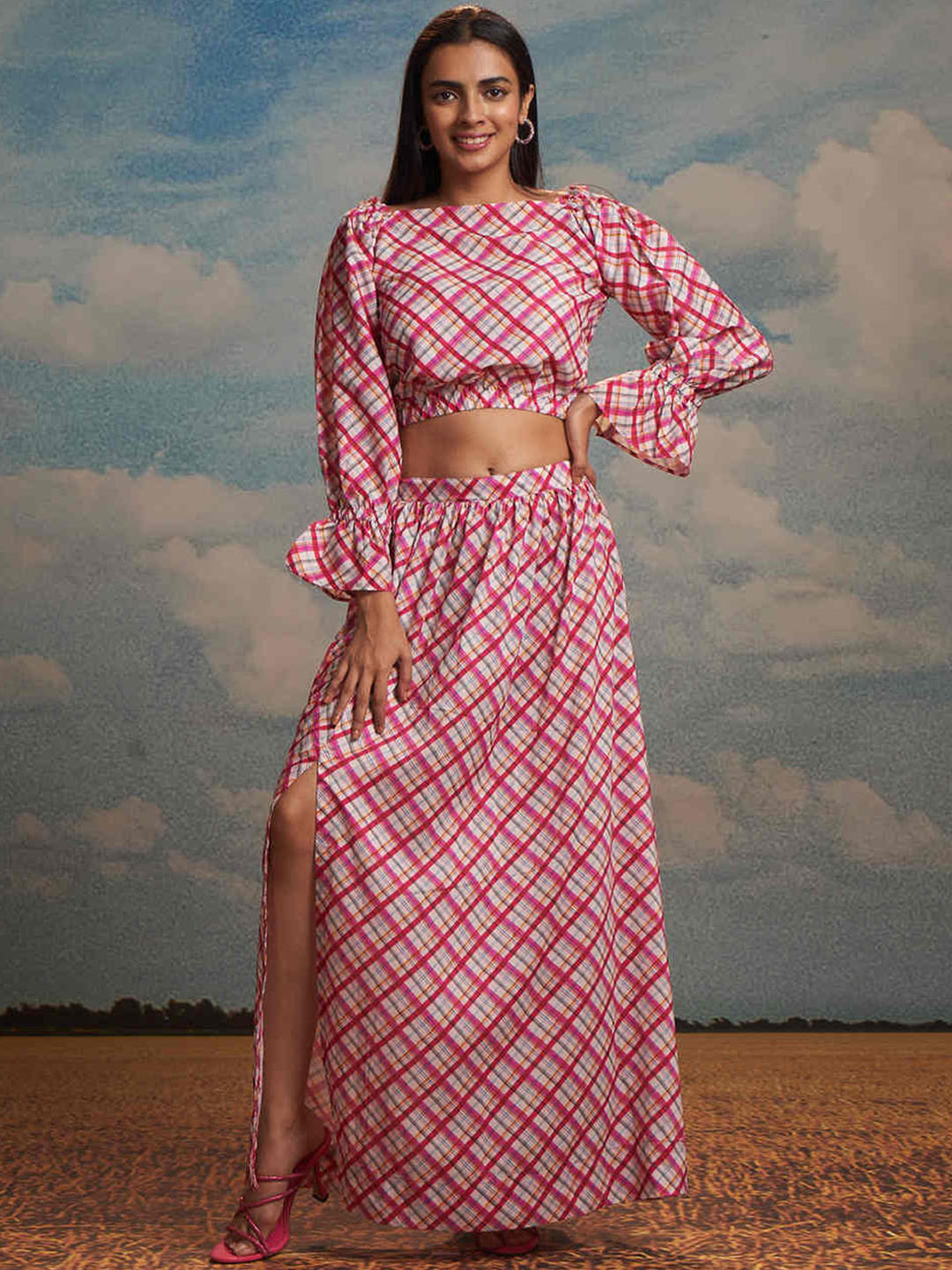 

RAISIN Checked Bell Sleeves Crop Top With Skirt, Red