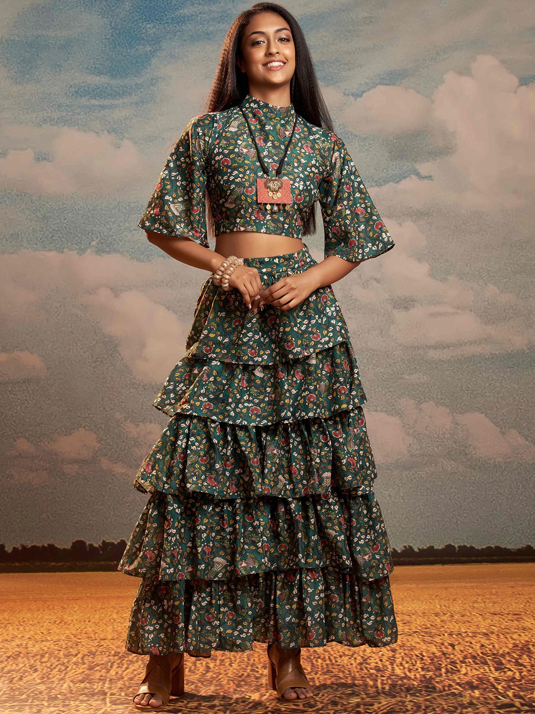 

RAISIN Floral Printed Flared Sleeves High Neck Crop Top & Ruffled Skirt Co-Ord, Green