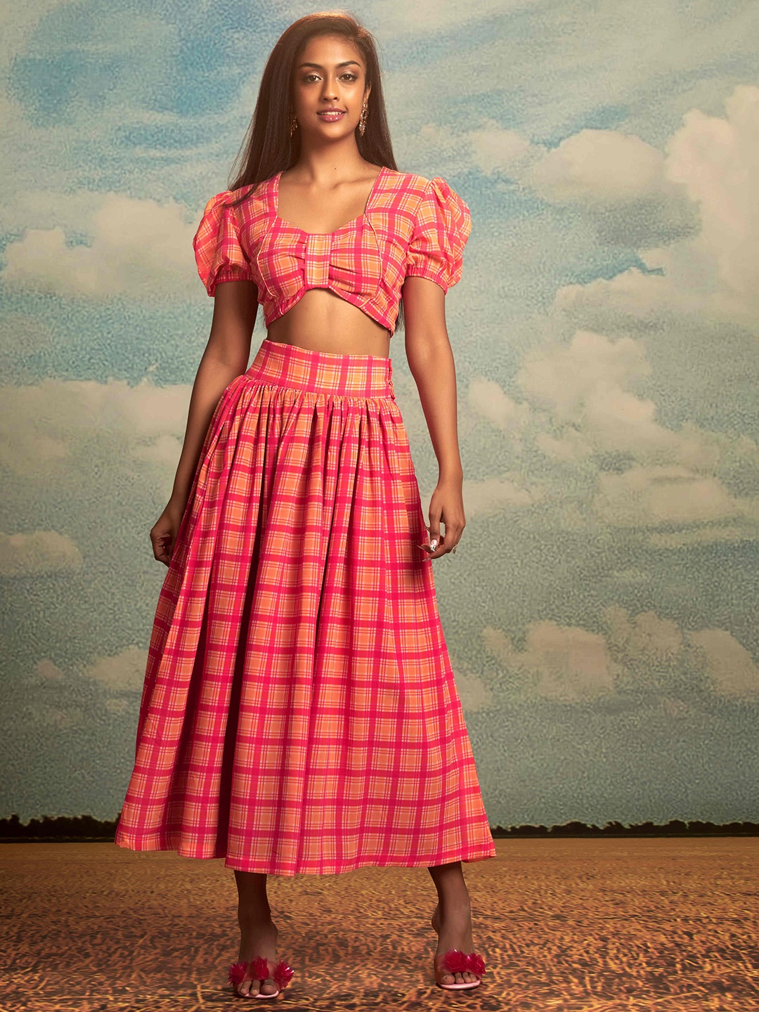 

RAISIN Checked Scoop Neck Puff Sleeve A-Line Skirt Co-Ords, Orange