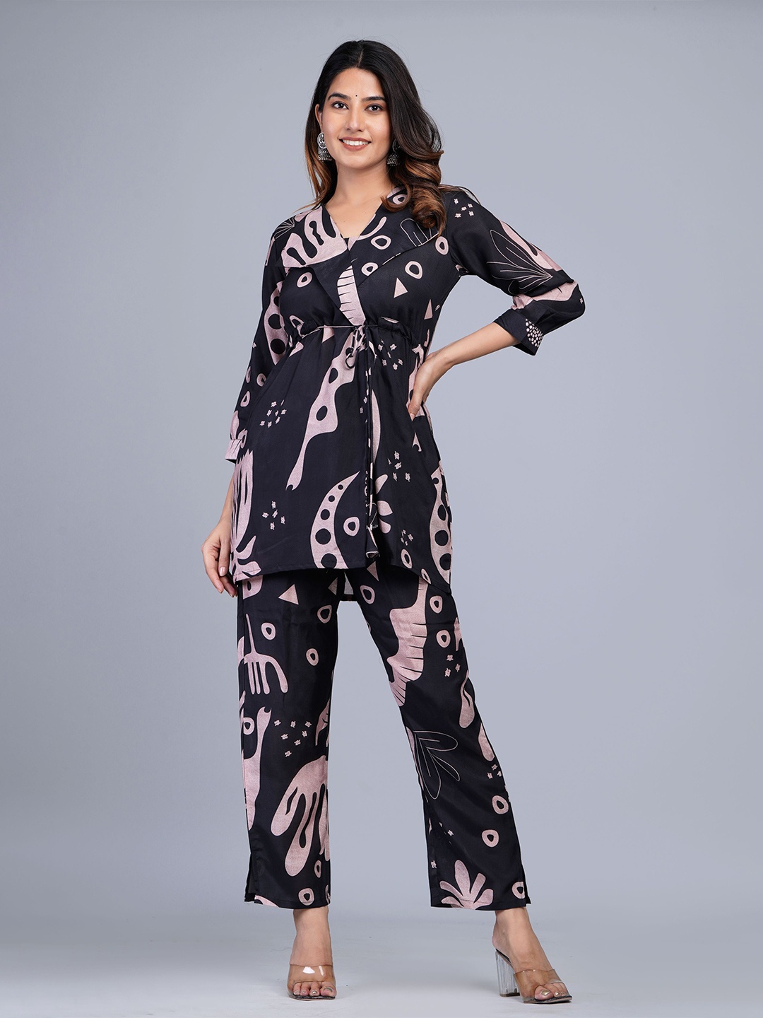 

Shikhaa Style Abstract Printed V-Neck Tie-Ups Pure Cotton Coat With Trousers, Black
