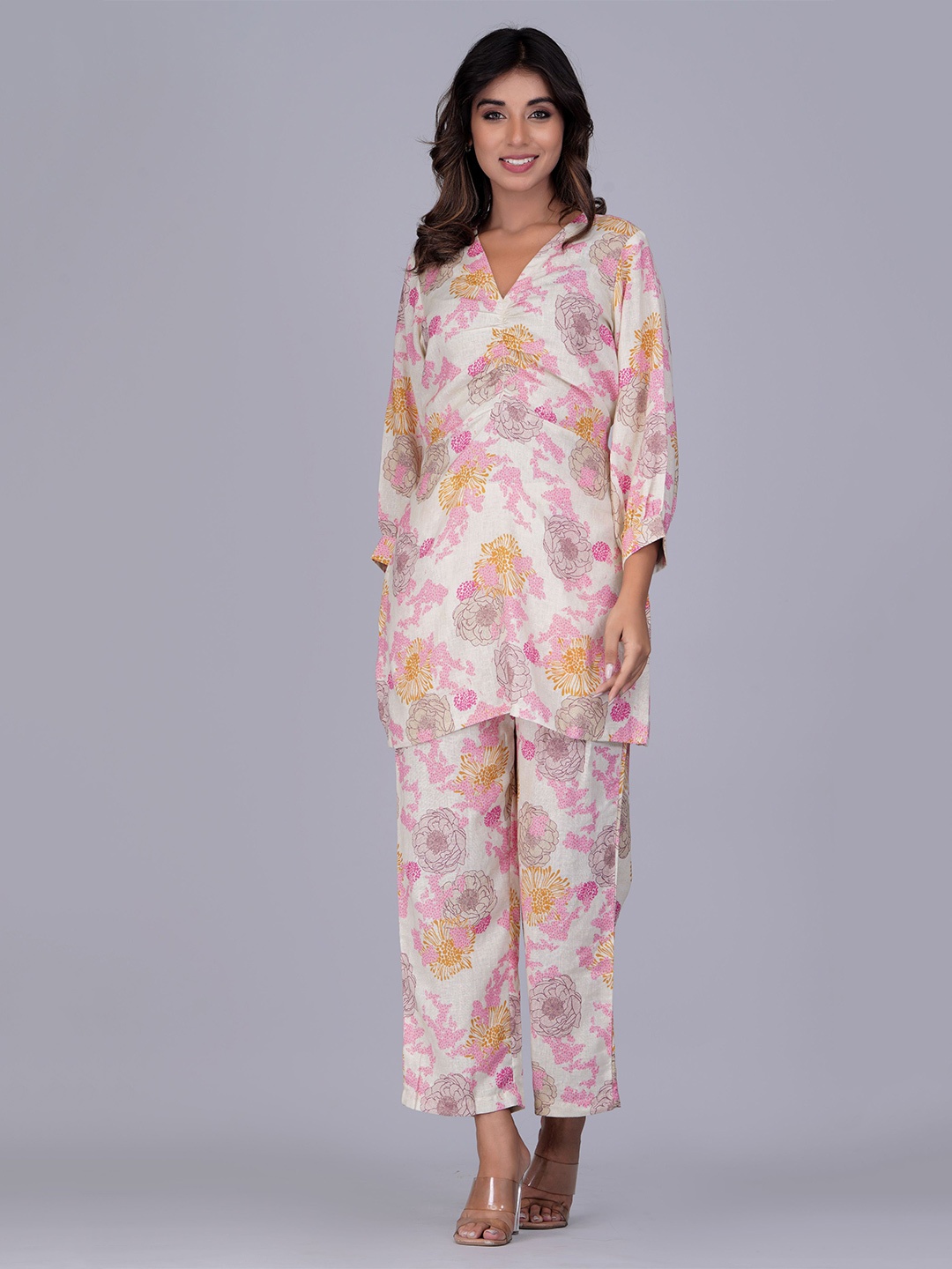 

Shikhaa Style Floral Printed V-Neck Linen Top With Trouser, Off white