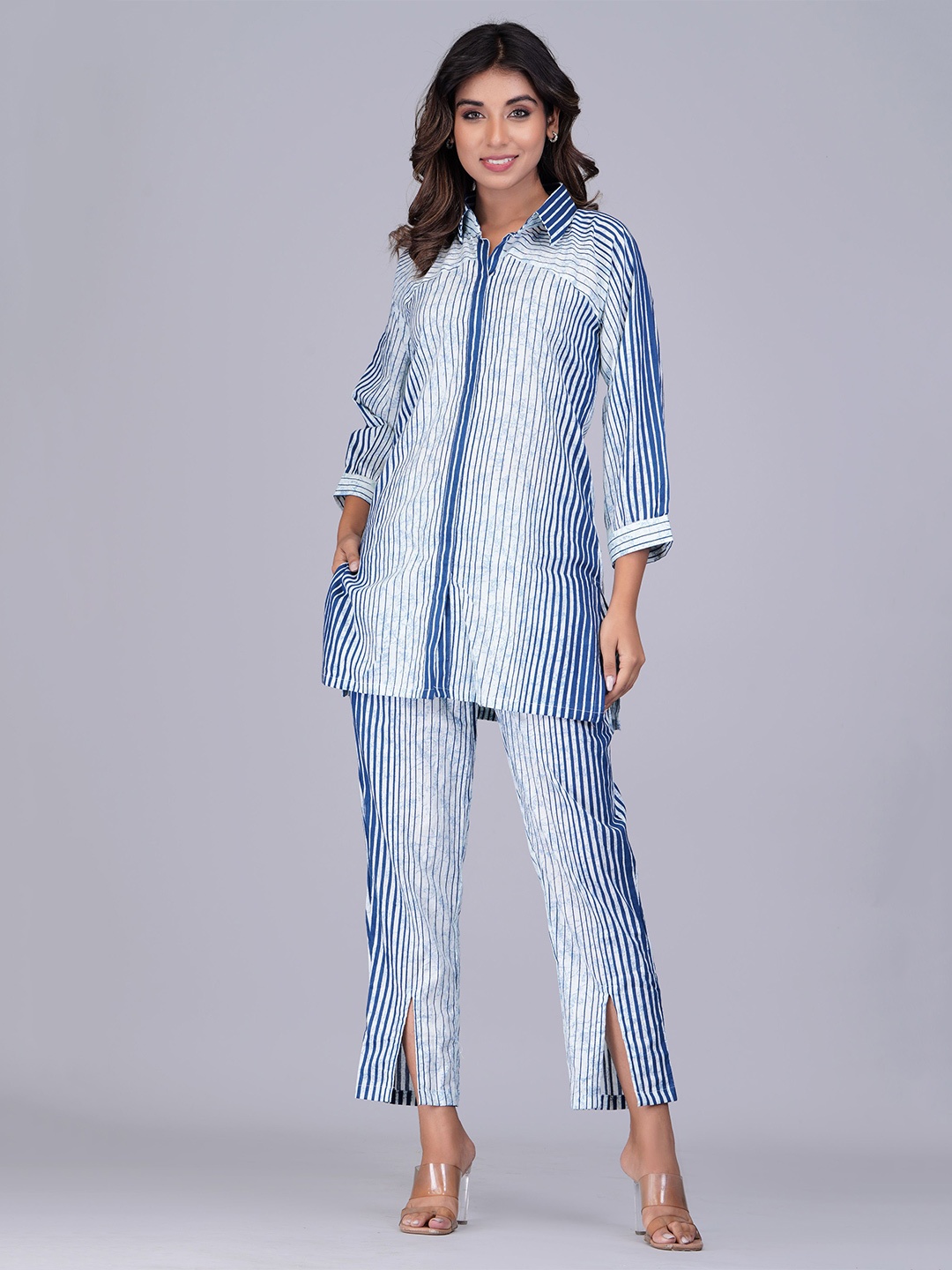 

Shikhaa Style Striped Shirt Collar Pure Cotton Shirt With Trouser, Blue
