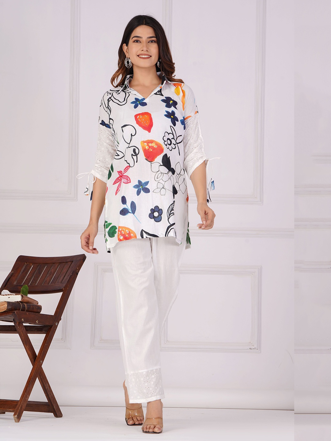 

Shikhaa Style Floral Printed Shirt Collar Linen Top With Trouser, White