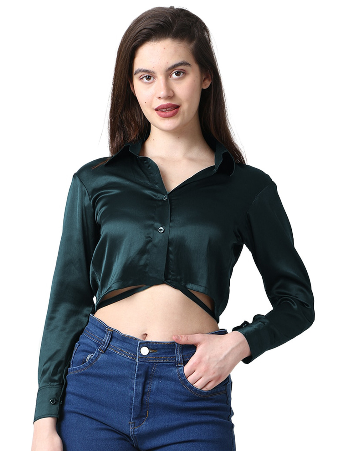 

CareDone Green Satin Shirt Style Top