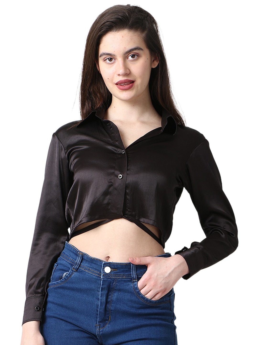 

CareDone Black Satin Shirt Style Top
