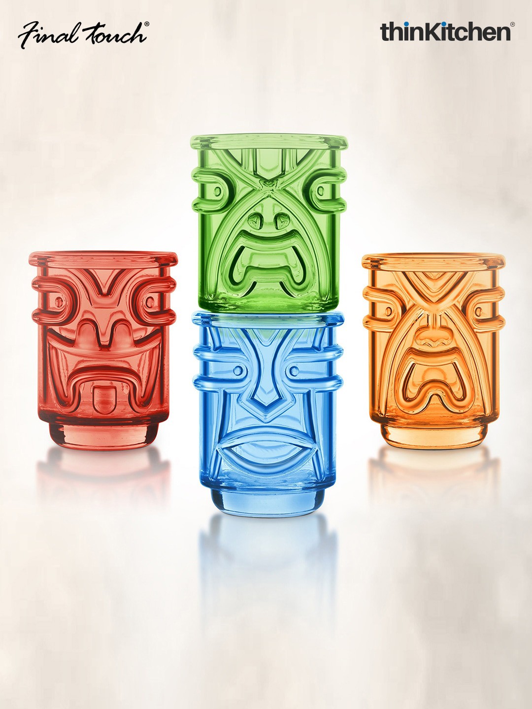 

Final Touch 4-Pcs Red & Blue Glass Tiki Shot Glasses - 60 ML Each