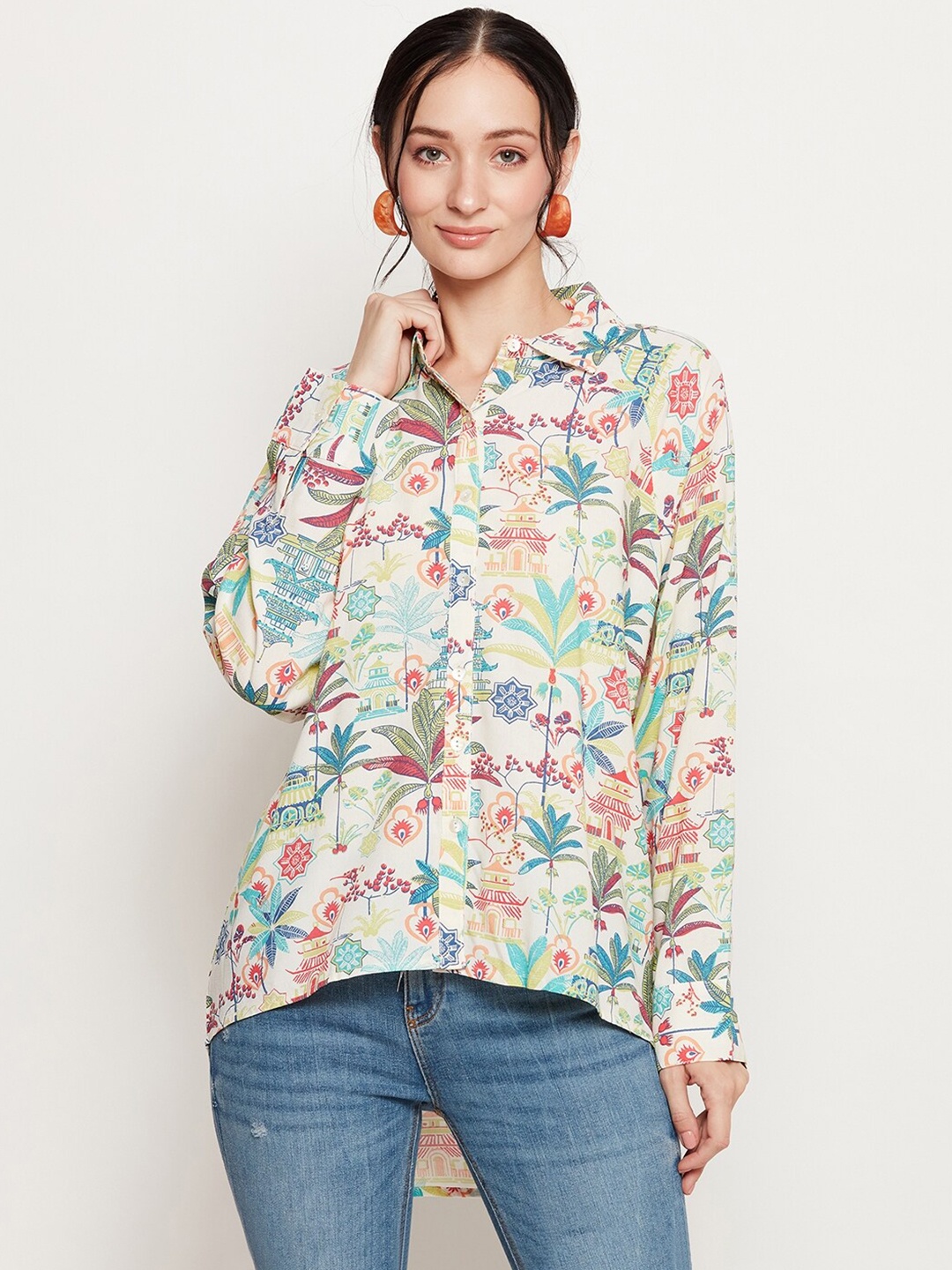 

Ruhaans Classic Floral Printed Spread Collar Oversized Casual Shirt, Off white