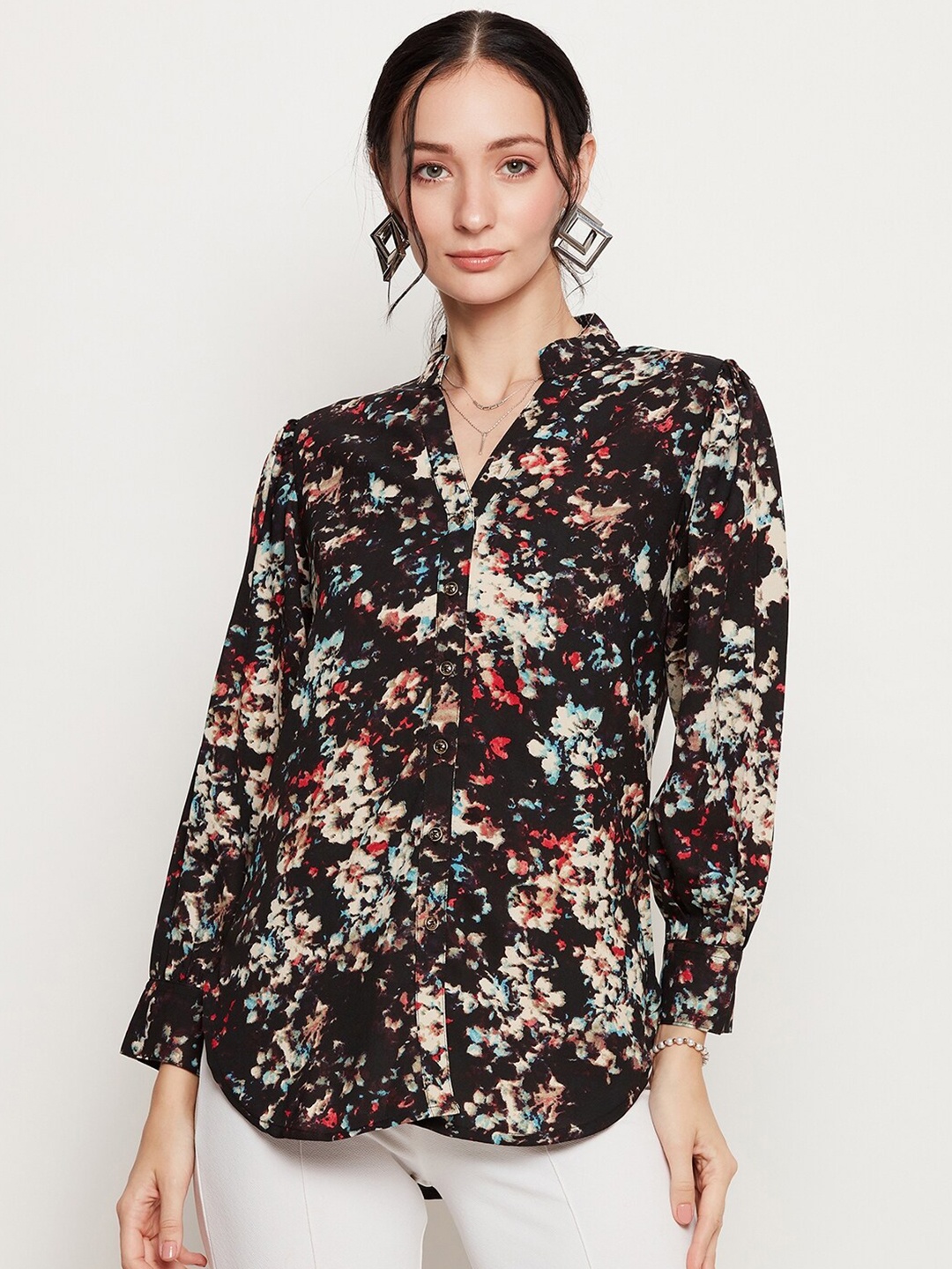 

Ruhaans Classic Abstract Printed Mandarin Collar Puff Sleeves Casual Shirt, Black