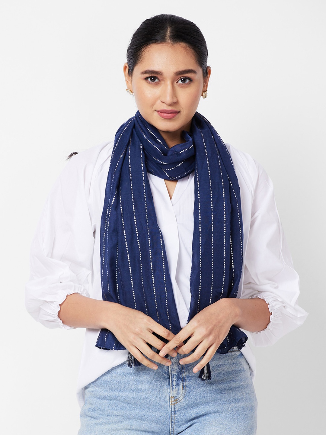 

Globus Women Striped Tasselled Border Scarf, Navy blue