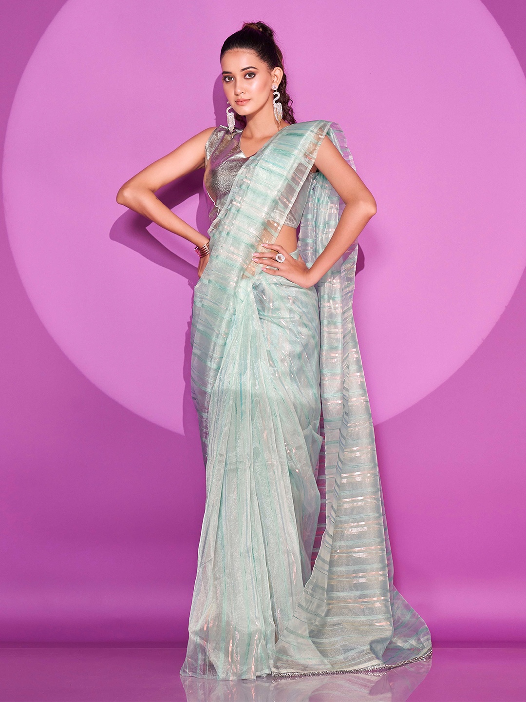 

Tikhi Imli Striped Organza Saree, Blue