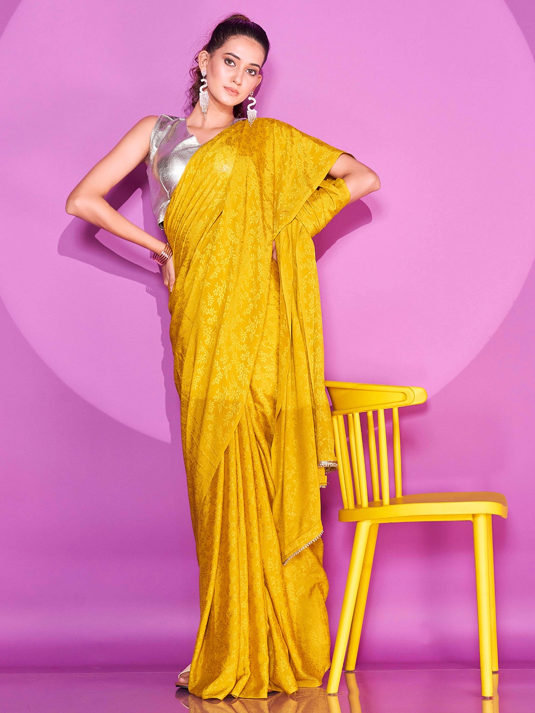 

Tikhi Imli Ethnic Motifs Woven Design Poly Crepe Saree, Yellow