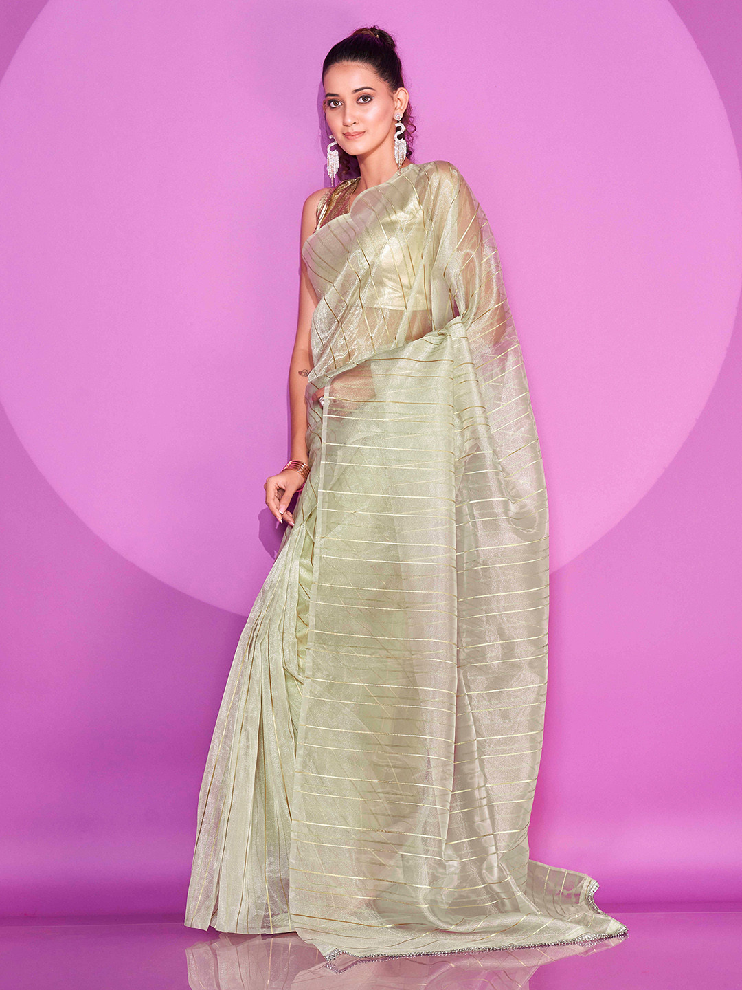 

Tikhi Imli Striped Organza Saree, Green