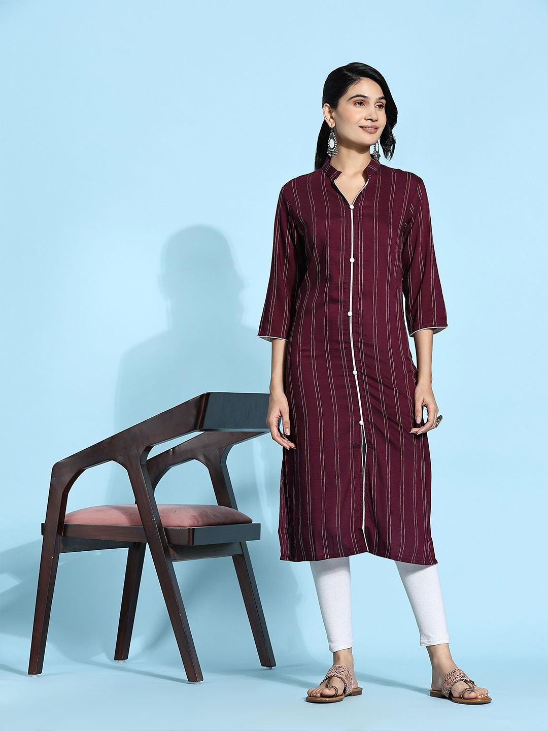 

RACHNA Striped Mandarin Collar Kurta, Burgundy