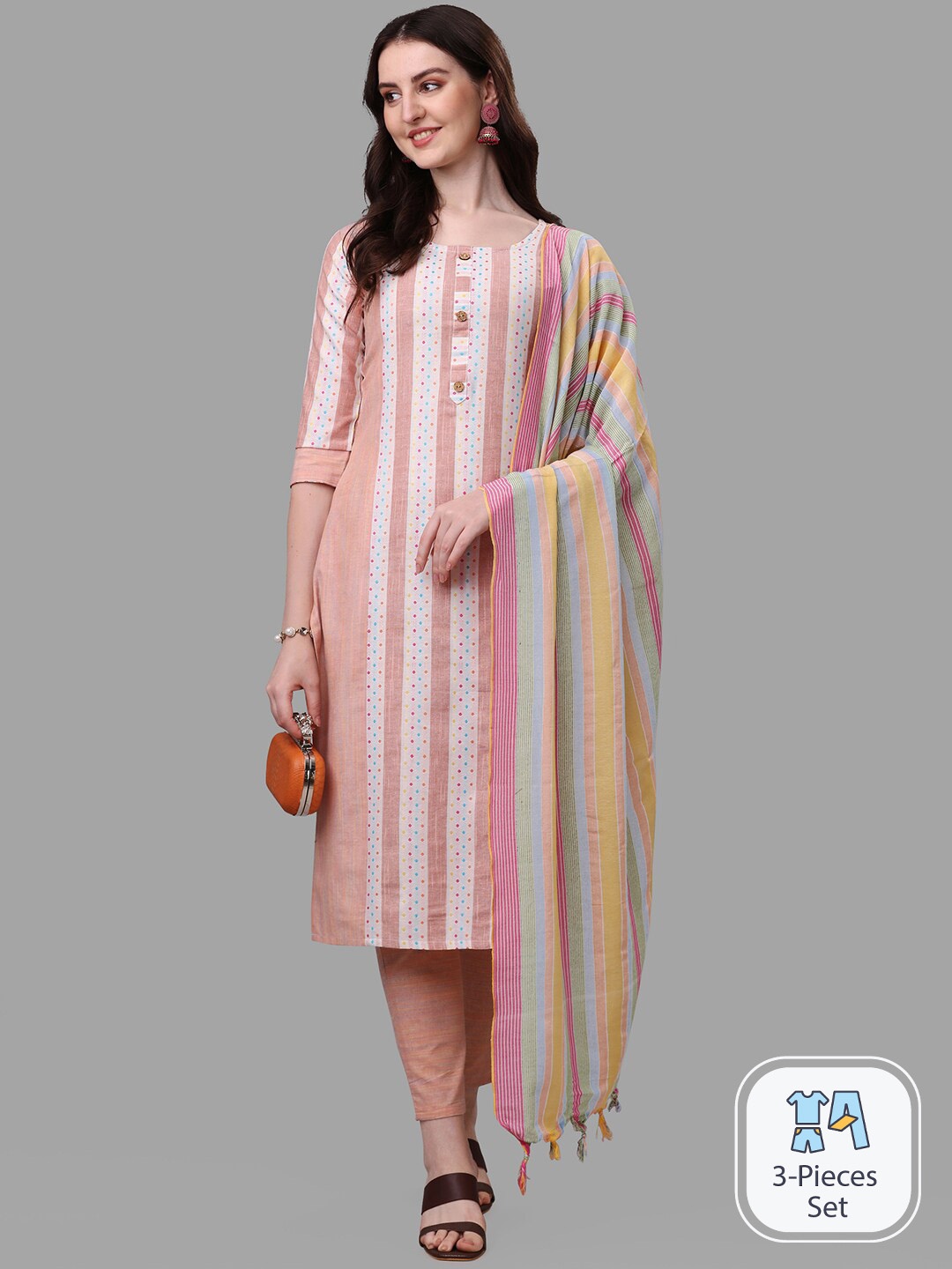 

KALINI Striped Straight Kurta & Trousers With Dupatta, Orange