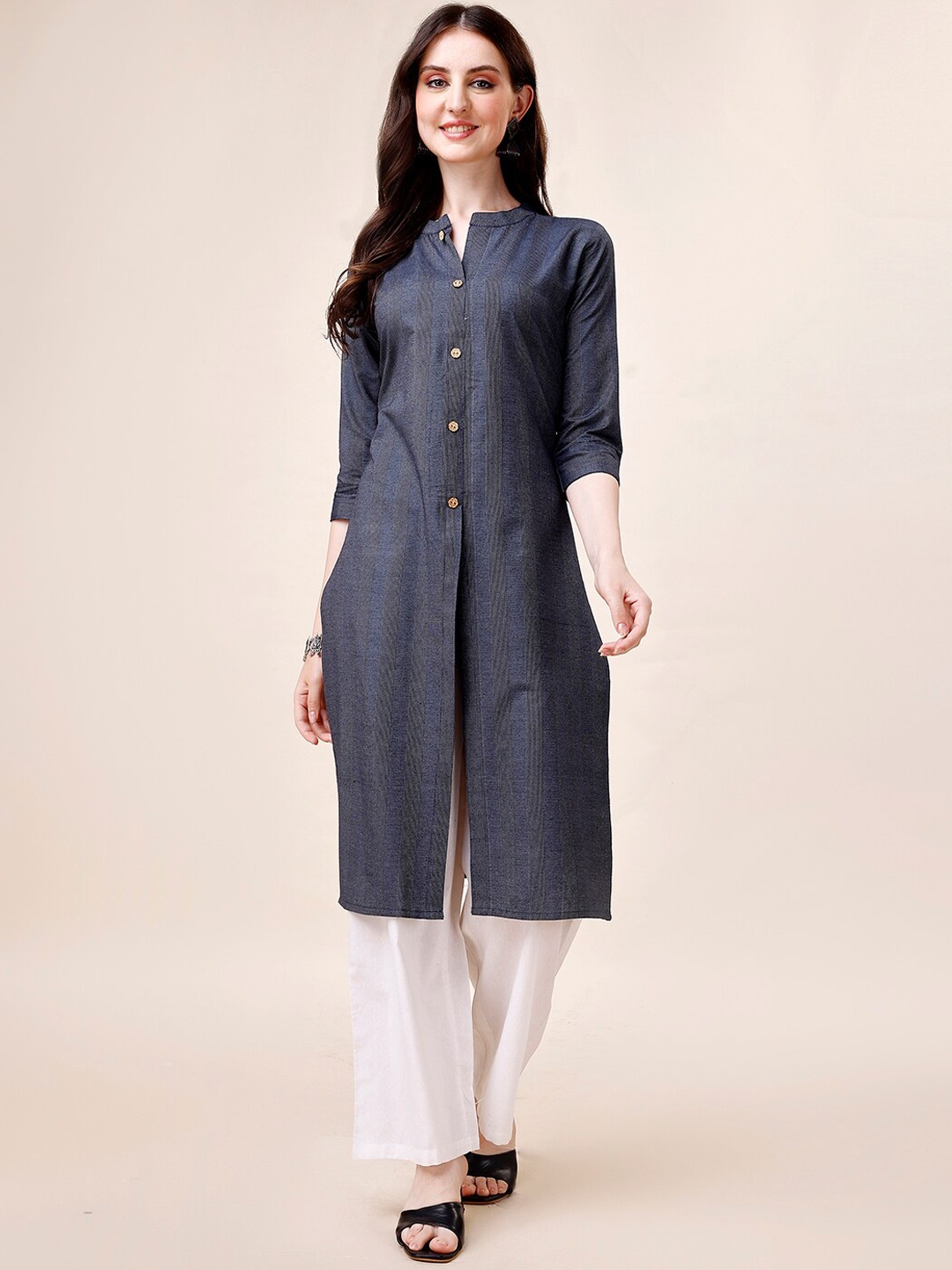 

KALINI Striped Mandarin Collar Straight Kurta With Palazzos, Blue
