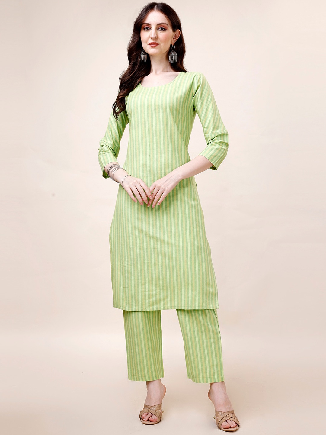 

KALINI Striped A Line Kurta With Trousers, Green