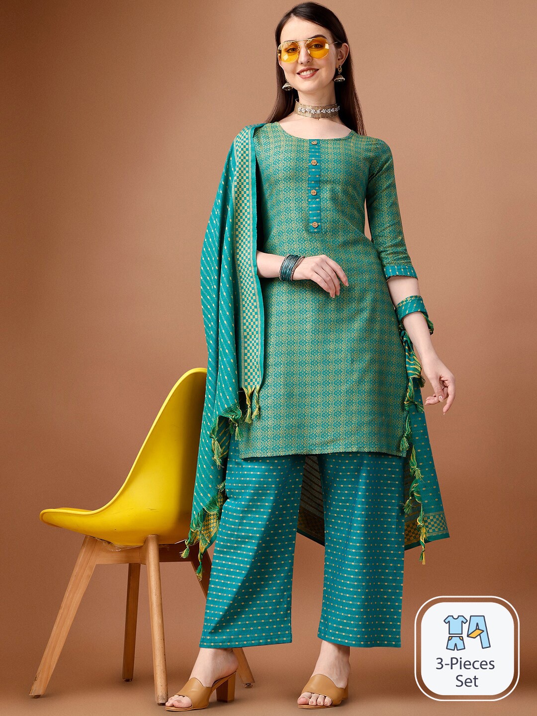

KALINI Ethnic Motifs Woven Design A-Line Kurta With Palazzos & Dupatta, Green