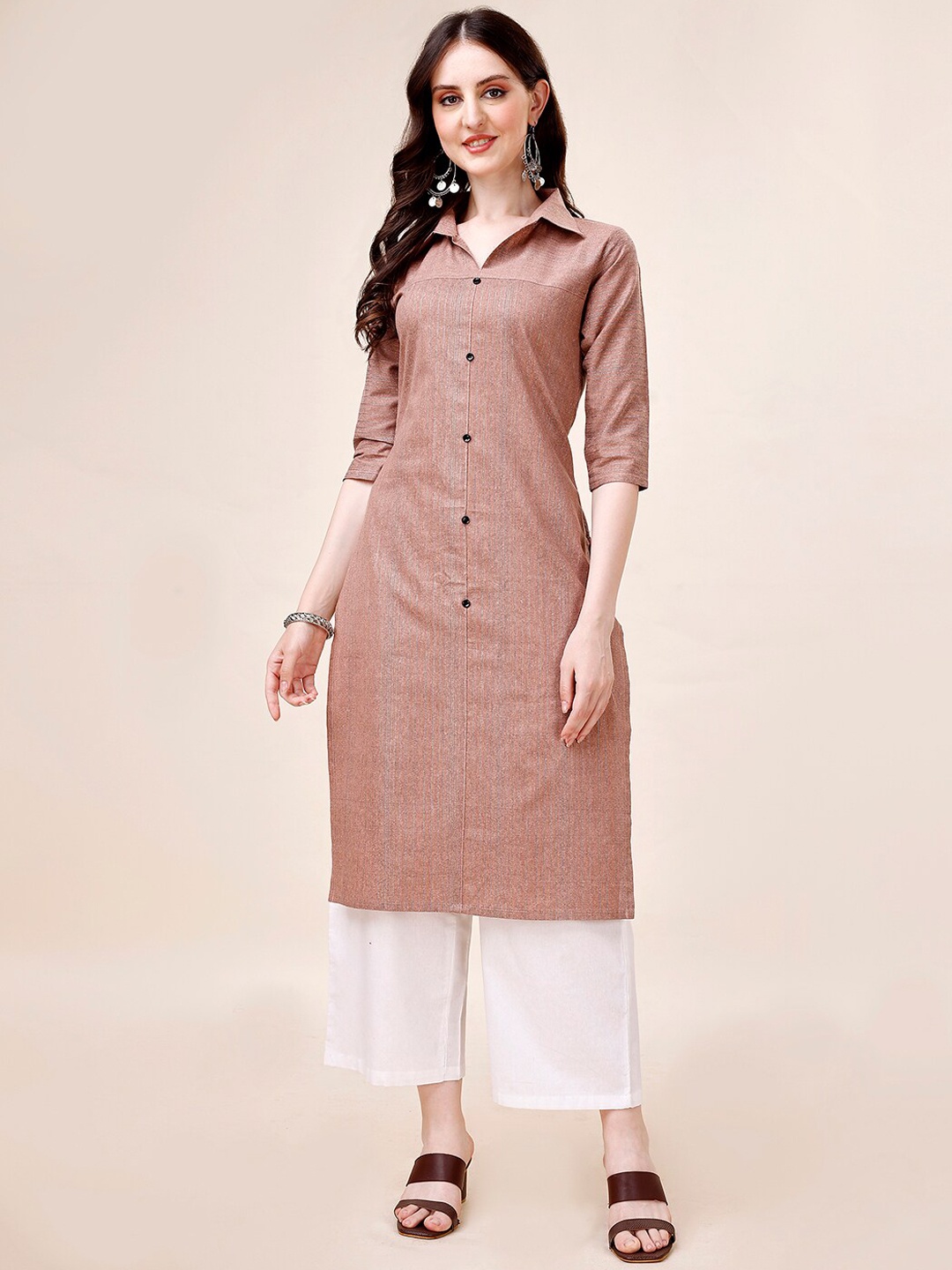 

KALINI Shirt Collar Regular Kurta With Trousers, Brown