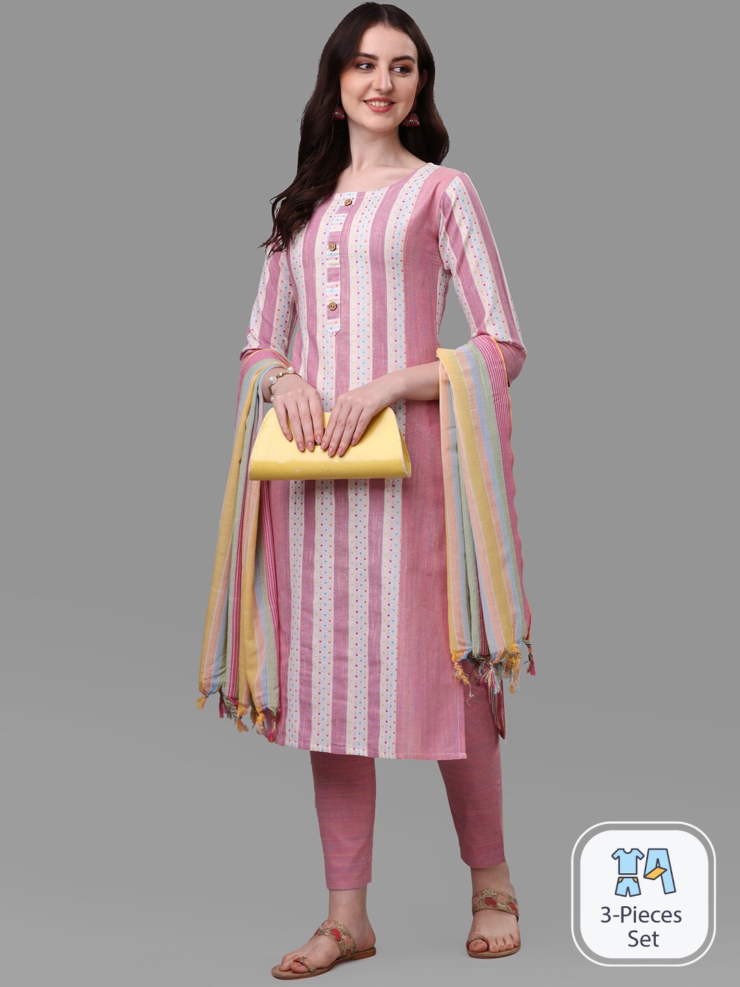 

KALINI Striped A Line Kurta With Trousers & Dupatta, Pink