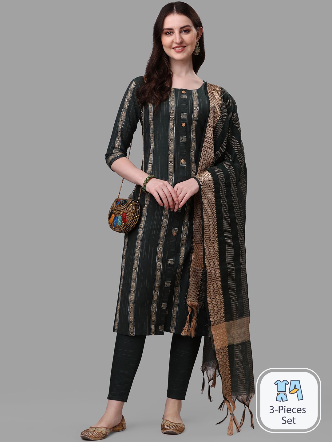 

KALINI Striped Woven Design A-Line Kurta With Trousers & Dupatta, Green