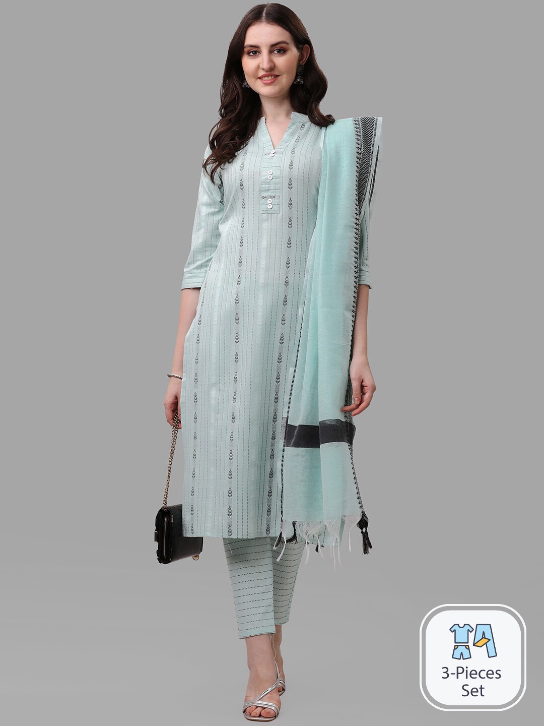 

KALINI Striped Woven Design Mandarin Collar A-Line Kurta With Trousers & Dupatta, Blue