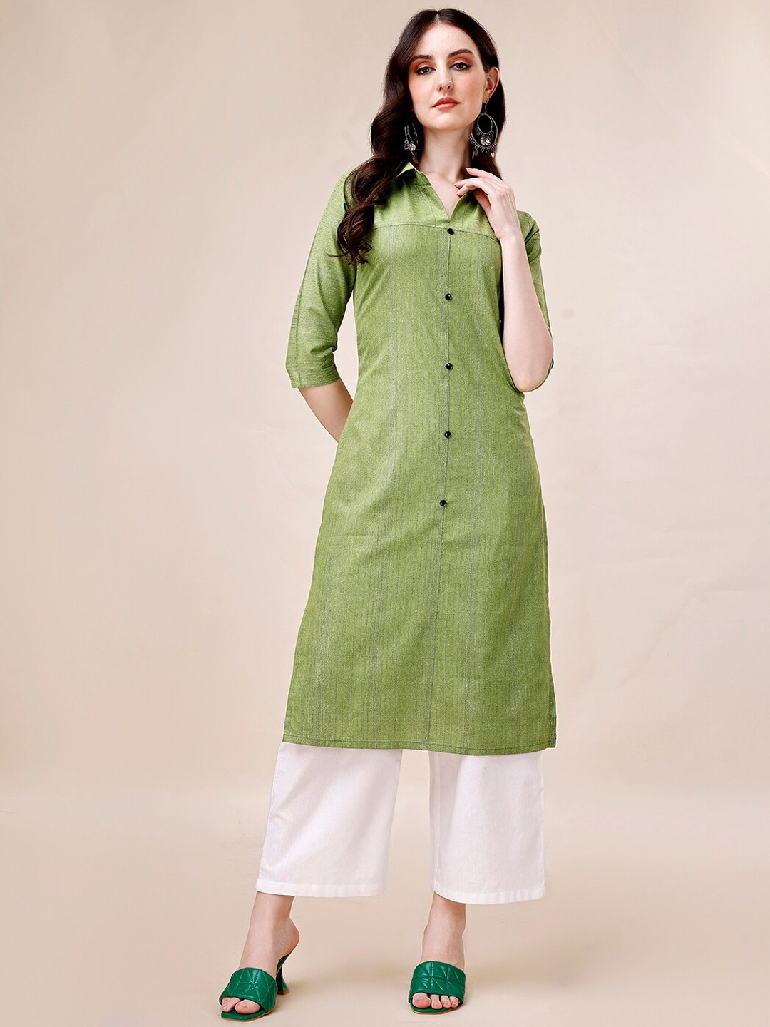 

KALINI Striped Shirt Collar A-Line Kurta with Palazzos, Green